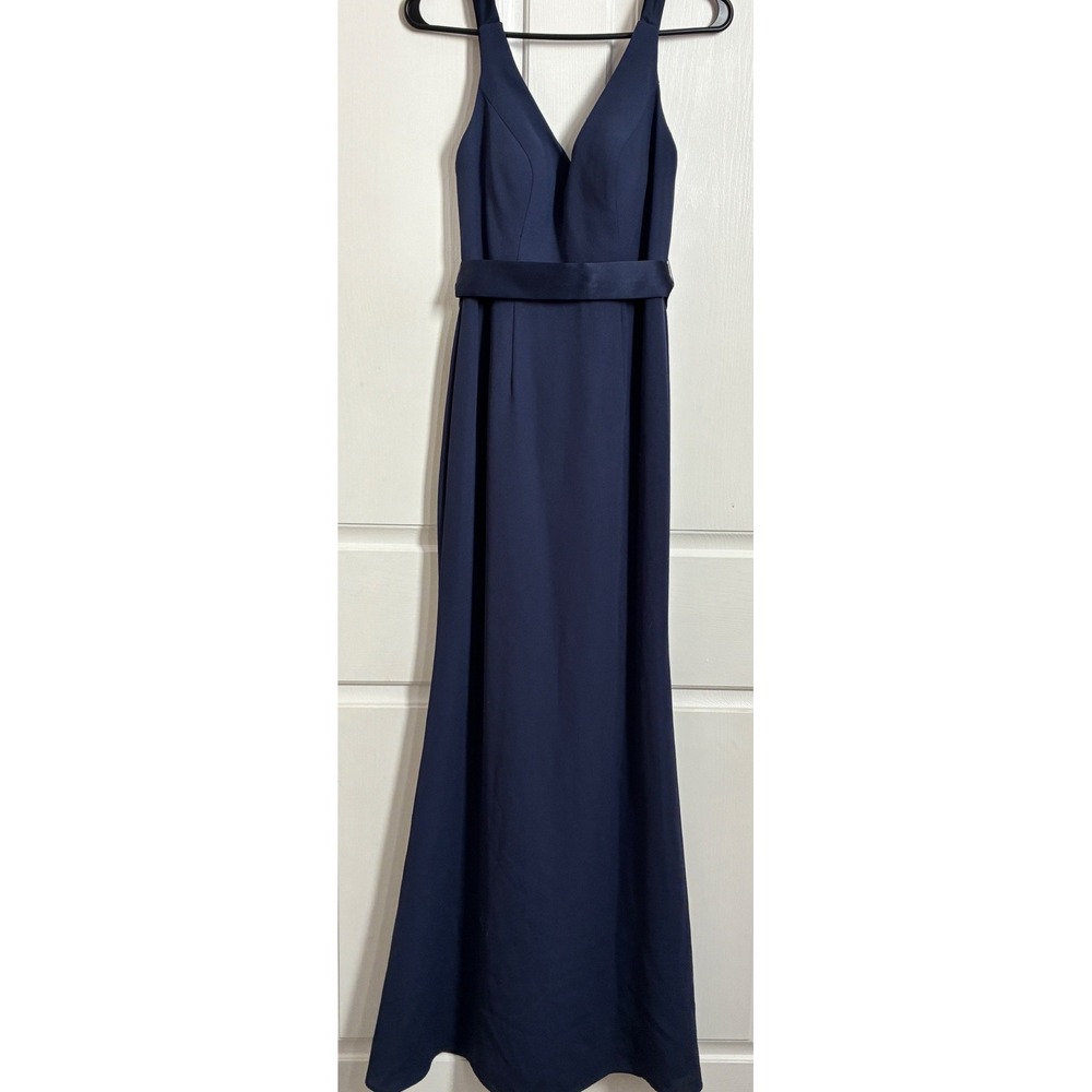 White by Vera Wang Navy Blue V-Neck Formal Gown Satin Waistband Dress Size 0